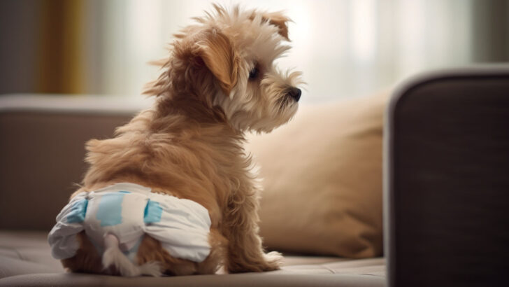 Fluffly small breed puppy wearing a doggy diaper with a tail hole for puppy potty training